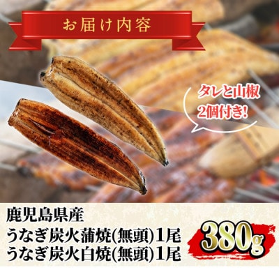 東串良町のうなぎ炭火蒲焼、白焼(無頭)(2尾・計約380g・タレ、山椒付)【0224310a】