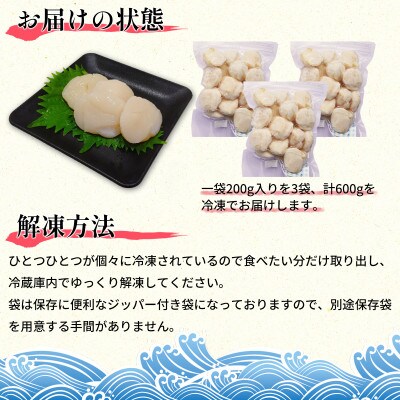 北海道噴火湾湾口産 お刺身用 ほたて貝柱 600g (200g×3袋) 2年貝 KS21-3