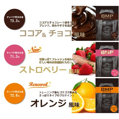 BMPプロテイン ココア&チョコ1kg/ストロベリー1kg/オレンジ 1kg 計3kg