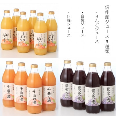 【毎月定期便】信州産ジュース3種類(りんごジュース、白桃ジュース、巨峰ジュース)全3回
