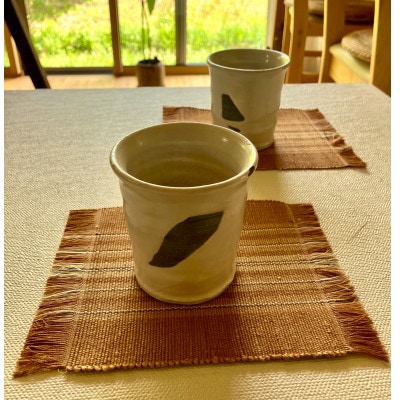杏染め　コースター　100%国産シルク(茶・縞/大判)