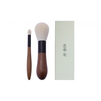 高級化粧筆 古羊毛 花 ウォールナット渋茶 2本セット (フェイス/シャドウ)