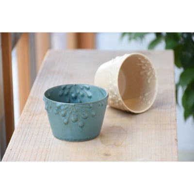 いっちん文様 陶器製 そば猪口 亜麻色と錆浅葱色の仲良しペアセット
