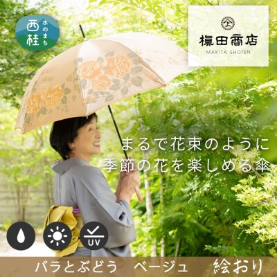 婦人長傘絵おり(バラとぶどう・ベージュ)槙田商店の傘職人が作る大人に相応しい上品な日本製の晴雨兼用傘