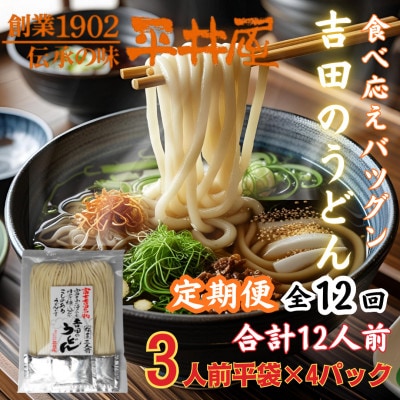【毎月定期便】【訳あり】「平井屋」の吉田のうどん3人前平袋×4P(合計12人前)全12回