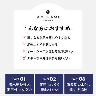 AMIGAMI 美濃和紙を使ったパイルアンクルソックス メンズ2足組(紺・白 各1)D14-03