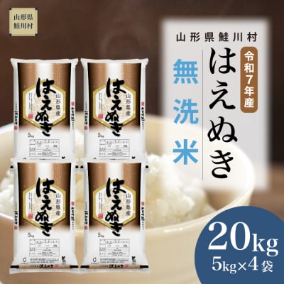 ★数量限定★　令和7年産　山形県産　はえぬき【無洗米】20kg(5kg×4袋)鮭川村