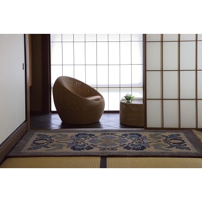 鍋島緞通【手織】蟹牡丹文縁七宝　丁字茶地(95×191cm)