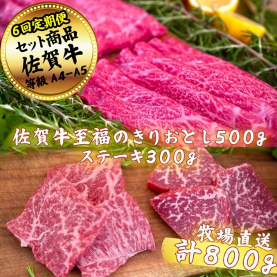 【毎月定期便】佐賀牛セット　至福のきりおとし500gとステーキ300g全6回