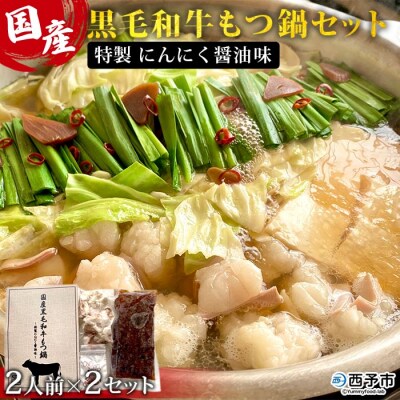 <国産黒毛和牛もつ鍋セット～特製にんにく醤油味～(2人前×2セット)>　濃厚　特製スープ　野福　簡単