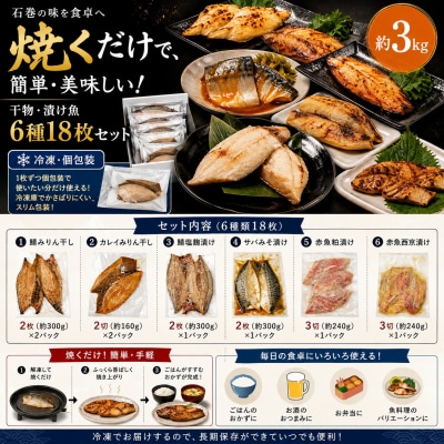 焼くだけ 小分け 干物セット 漬魚 6種18枚 約3kg 冷凍 詰め合わせ 鯖 カレイ 赤魚 みりん