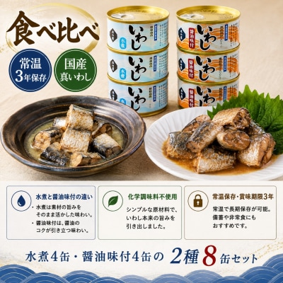 いわし缶詰 食べ比べ セット 2種8缶 木の屋 水煮 醤油味付 国産 真いわし 宮城県石巻市 常温