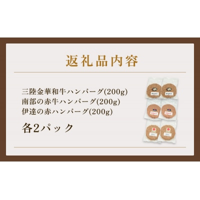 黒毛和牛 三陸金華和牛 南部の赤牛 伊達の赤 和牛ハンバーグ 3種各200g×2 食べ比べ セット