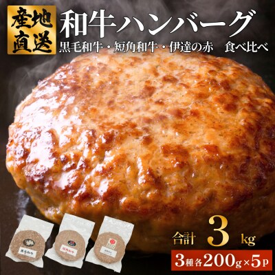 黒毛和牛 三陸金華和牛 南部の赤牛 伊達の赤 和牛ハンバーグ 3種各200g×5 食べ比べ セット