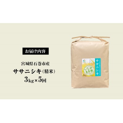 <定期便5回・毎月発送> ササニシキ いしのまき産米 精米 15kg 3kg×5回