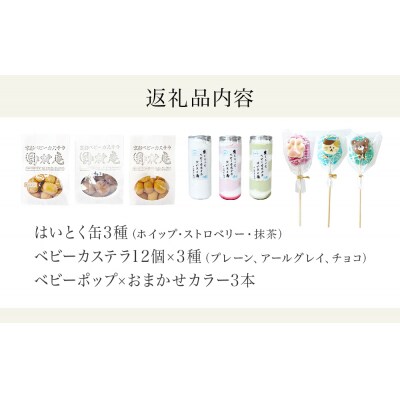 スペシャルボックス(はいとく缶3種・ベビーカステラ12個×3種・ベビーポップ×おまかせカラー3本)