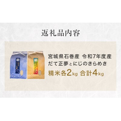 だて正夢精米2kg+にじのきらめき精米2kgセット　令和7年度産