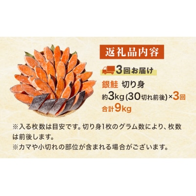 【定期便】 訳あり 定塩銀鮭 切り身 合計 9kg 約3kg ( 30切れ 前後 ) 3回配送