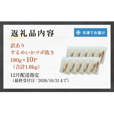 【12月配送】 訳あり 石巻産 柔らか するめいか ツボ抜き 冷凍 下処理済み 180g × 10P