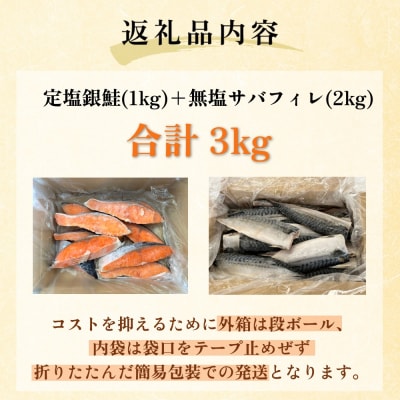 《訳あり》 定塩銀鮭 約 1kg・無塩サバフィレ 約 2kg 切り身 セット 合計 3kg
