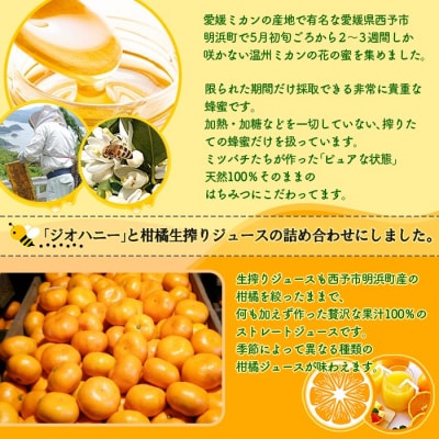 <みかん蜂蜜「ジオハニー」170g×2瓶と柑橘生搾りジュース720ml×1本のセット>　ミカン　大地
