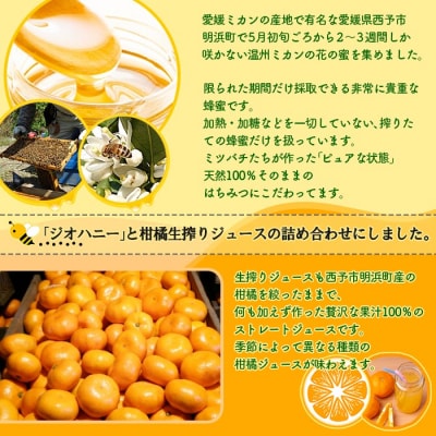 <みかん蜂蜜「ジオハニー」170g×3瓶と柑橘生搾りジュース720ml×1本のセット> ミカン 大地