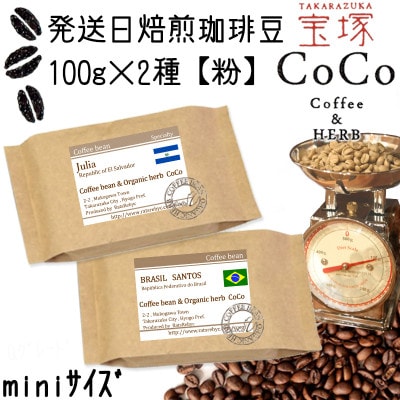 発送日焙煎珈琲 100g×2種【粉】エルサルバドルジュリア・ブラジルサントス