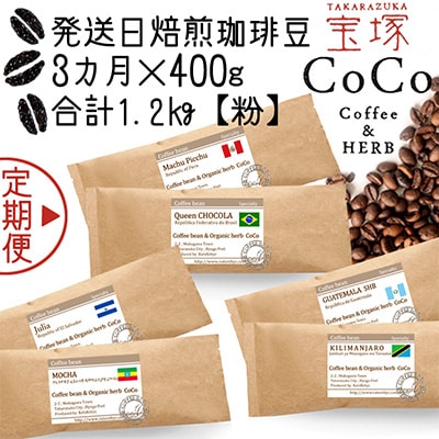 【毎月定期便】【宝塚】3ヶ月の定期便 A【粉】(発送日焙煎珈琲豆6種類)全3回