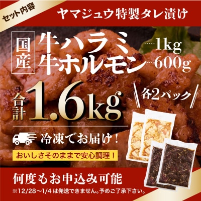 ヤマジュウの特選タレ漬け!牛ハラミ肉1kg&国産牛ホルモン600g