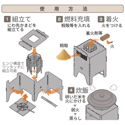 籾殻で炊く、折りたたみ式かまど「にわ先かまど」