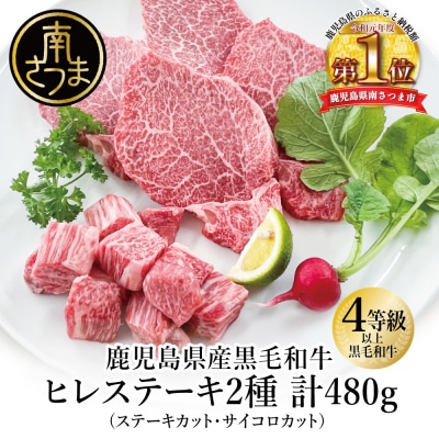 【鹿児島県産】A4等級以上黒毛和牛ヒレステーキ2種480g (ステーキカット・サイコロカット)
