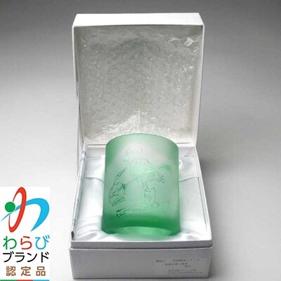 蕨硝子　河鍋暁斎シリーズ　三味線を弾く骸骨　色被せガラス　緑色