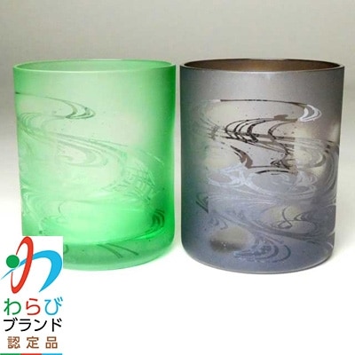 蕨硝子　河鍋暁斎シリーズ　ペアセット　三味線を弾く骸骨　色被せガラス　緑色・紫色