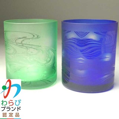 蕨硝子　河鍋暁斎　ペアセット　三味線を弾く骸骨　骸骨の花火見立　色被せガラス　緑色・瑠璃色