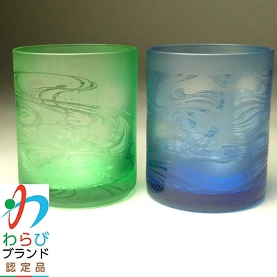 蕨硝子　河鍋暁斎　ペアセット　三味線を弾く骸骨　骸骨の花火見立　色被せガラス　緑色・青色