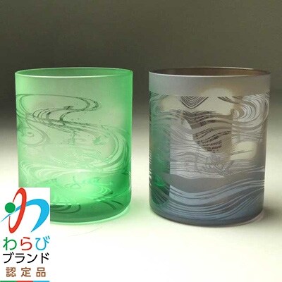 蕨硝子　河鍋暁斎　ペアセット　三味線を弾く骸骨　骸骨の花火見立　色被せガラス　緑色・紫色