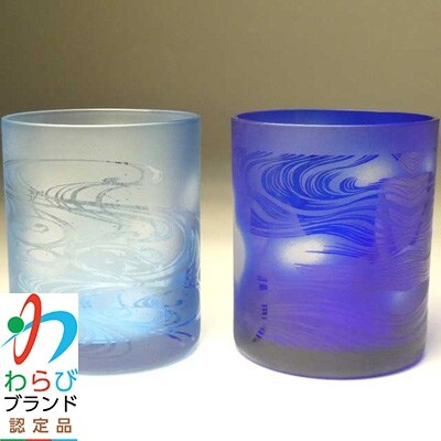 蕨硝子　河鍋暁斎　ペアセット　三味線を弾く骸骨　骸骨の花火見立　色被せガラス　青色・瑠璃色