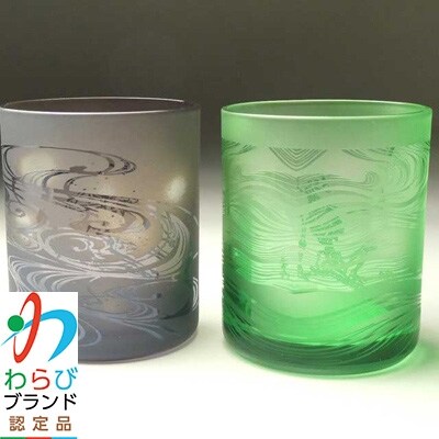 蕨硝子　河鍋暁斎　ペアセット　三味線を弾く骸骨　骸骨の花火見立　色被せガラス　紫色・緑色