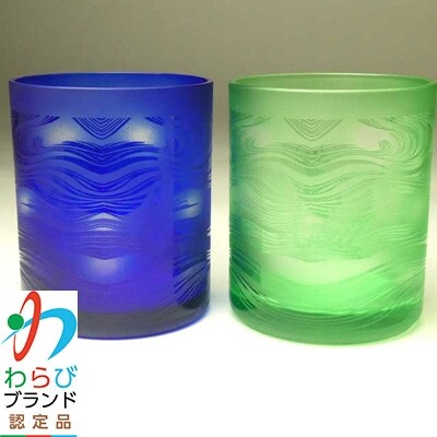 蕨硝子　河鍋暁斎シリーズ　ペアセット　骸骨の花火見立　色被せガラス　緑色・瑠璃色
