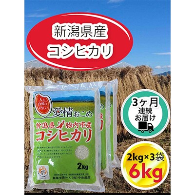 【毎月定期便】【3ヶ月連続お届け】新潟県胎内市産コシヒカリ6kg(2kg×3袋)全3回