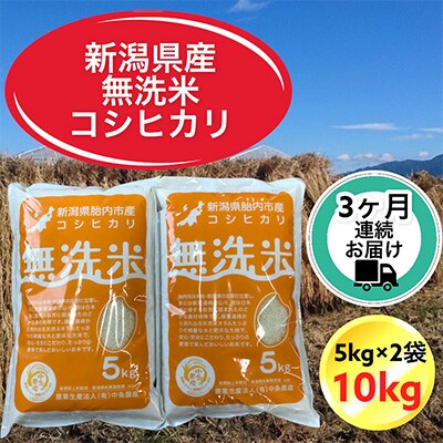 【毎月定期便】【3ヶ月連続お届け】新潟県胎内市産コシヒカリ無洗米10kg(5kg×2袋)全3回