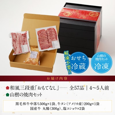 山樹の焼肉セット と 千賀屋謹製 迎春おせち料理 和風三段重「おもてなし」セット[035S10-C]