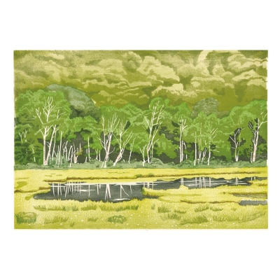 版画「白樺のある風景」[201M05]