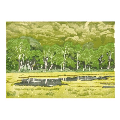 版画「白樺のある風景」[201M05]