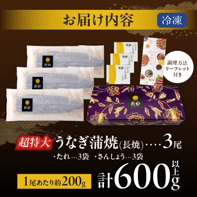 うなぎ蒲焼特大3尾(さんしょう・たれ付き)計600g以上 鰻 魚 魚介 加工品_T026-0021