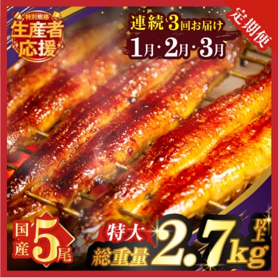 先行受付≪連続定期便全3回≫1月・2月・3月お届け!生産者応援!うなぎ蒲焼5尾_T026-0056