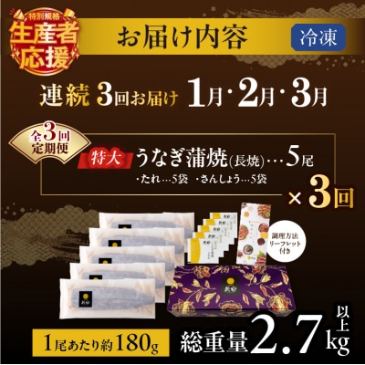 先行受付≪連続定期便全3回≫1月・2月・3月お届け!生産者応援!うなぎ蒲焼5尾_T026-0056