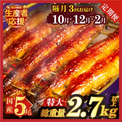 先行予約≪隔月定期便3回≫10月・12月・2月お届け!生産者応援!うなぎ蒲焼5尾_T026-0055