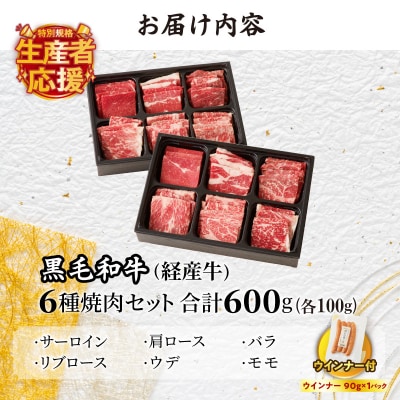 生産者応援!!黒毛和牛6種焼肉セット(合計600g)&粗挽きウインナー_T030-120-U