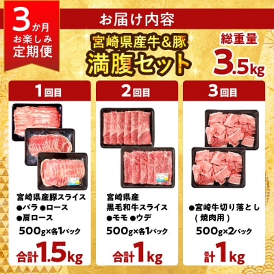 ≪3か月お楽しみ定期便≫宮崎県産牛&豚の満腹セット(総重量3.5kg) 肉 牛_T030-1853